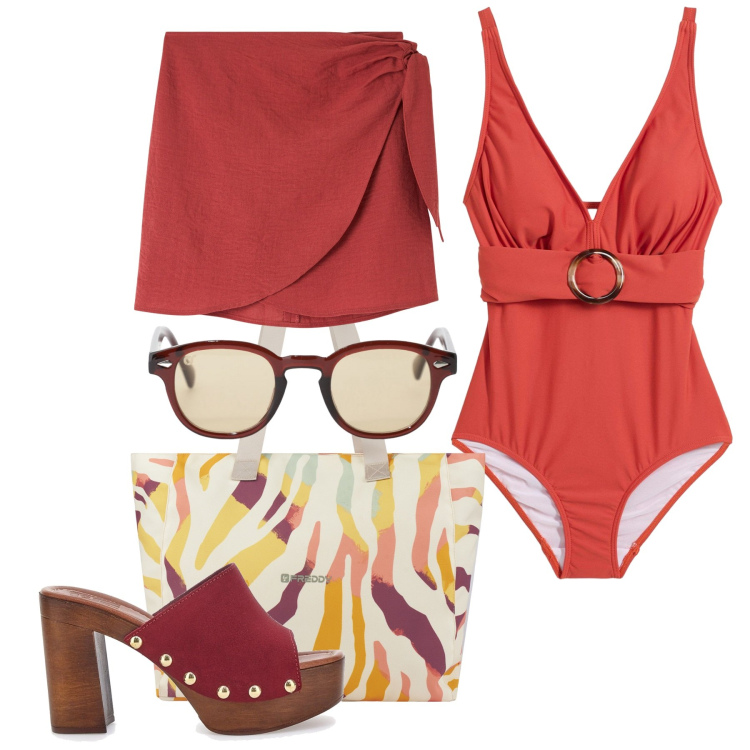 Outfit donna - Trendy sul bagnasciuga. Stile Trendy per Mare. Abbinamento con costumi interi, vestiti da spiaggia, occhiali da sole, shopping bag, zoccoli.