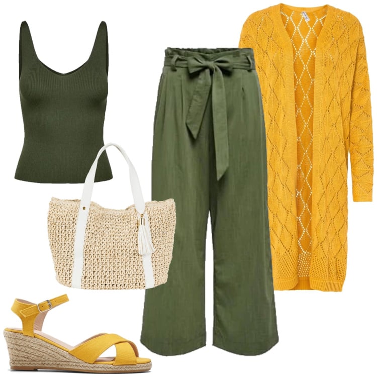 Outfit femme - Gilet long ajouré. Style Casual chic pour Tous les jours. Assortir avec pulls, chaussures à semelle compensée, sac cabas, pantalon , débardeurs à bretelles.
