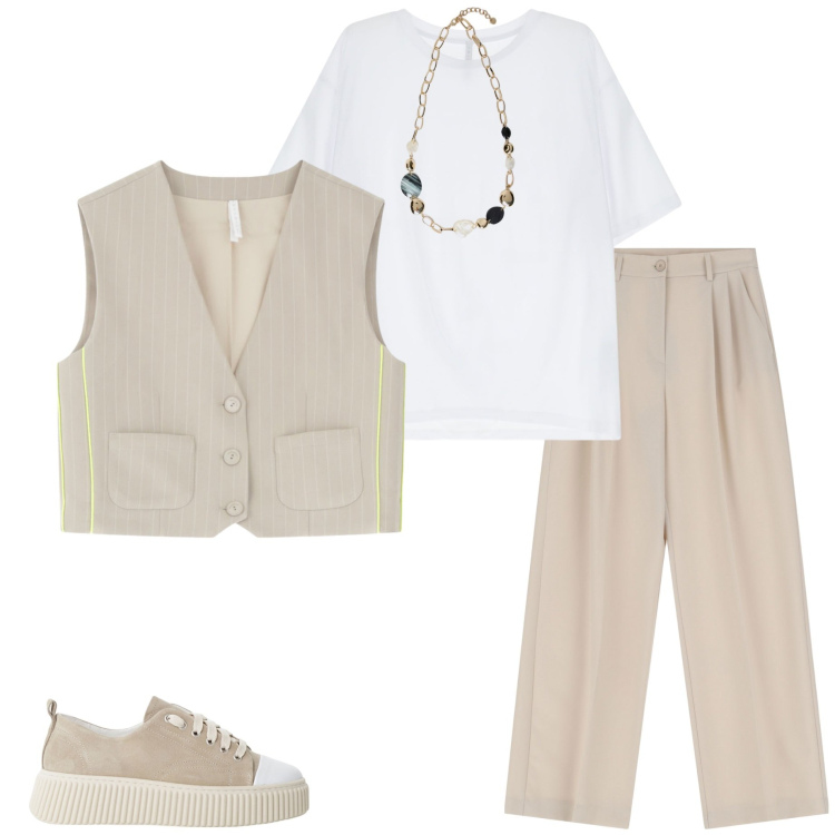 Outfit donna - In ufficio con Imperial. Stile Casual chic per Ufficio. Abbinamento con pantaloni, sneakers, t-shirt, gilet, collane.