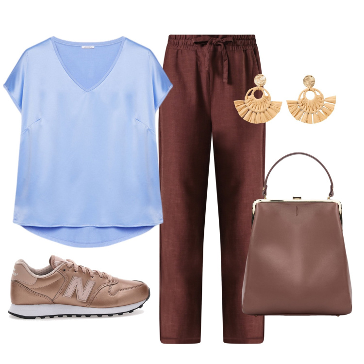 Outfit donna - Outfit semplice. Stile Basic per Tutti i giorni. Abbinamento con orecchini, pantaloni a palazzo, sneakers, borse a spalla, t-shirt.