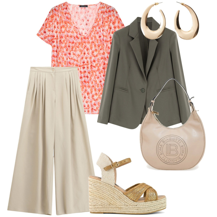 Outfit donna - Zeppe e giacca. per Tutti i giorni. Abbinamento con orecchini, pantaloni a palazzo, blazer, zeppe, borse a spalla, bluse.