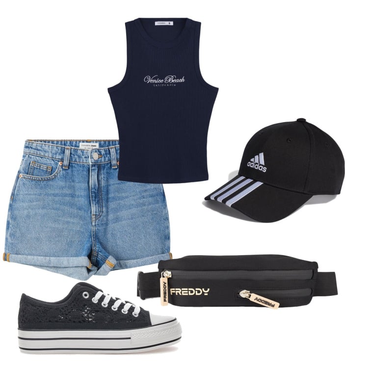 Outfit donna - Tempo libero. Abbinamento con shorts, canottiere, borse sportive, sneakers alte, cappelli con visiera.