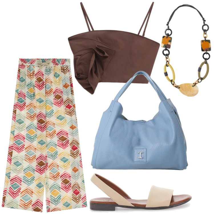 Outfit donna - Stampa tropicale. Stile Etnico per Tutti i giorni. Abbinamento con pantaloni, top, pochette, sandali in pelle, collane.