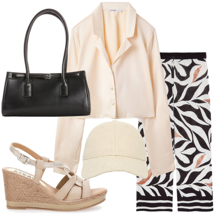 Outfit donna - Camicia mania. Stile Casual per Tutti i giorni. Abbinamento con borse a mano, cappelli con visiera, camicie, pantaloni, sandali.