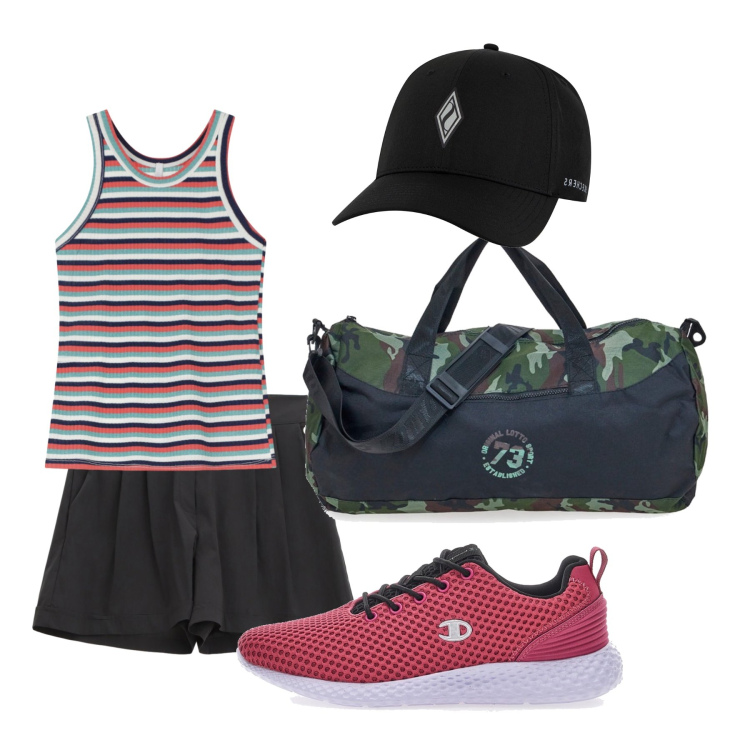 Outfit donna - Tempo libero. per Sport. Abbinamento con shorts, top, borse sportive, cappelli con visiera, scarpe sportive.