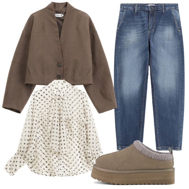 Outfit donna - Total look #2228933. Stile Glamour per Scuola/Università. Abbinamento con blazer, jeans, camicie, sabot.