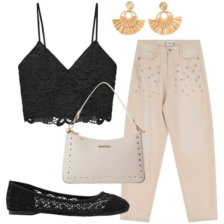 Outfit donna - Total black a metà. Stile Casual per Tutti i giorni. Abbinamento con ballerine, orecchini, top, pantaloni, borse a spalla.