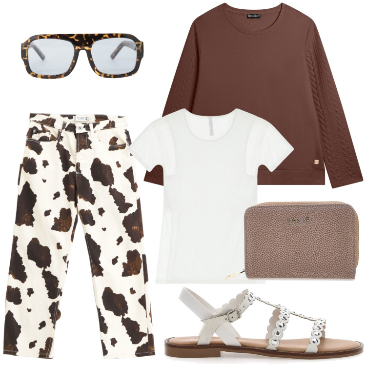 Outfit donna - T-shirt candida. Stile Trendy per Tutti i giorni. Abbinamento con pantaloni, occhiali da sole, t-shirt, felpe, portafogli, sandali.