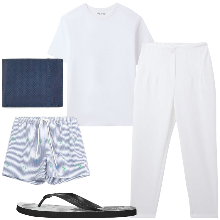 Outfit uomo - Total look #2228942. Stile Casual per Mare. Abbinamento con pantaloni chino, t-shirt, sandali, costumi, portafogli.