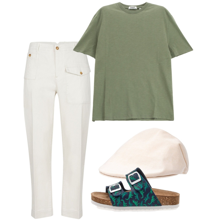 Outfit uomo - Agosto. Stile Casual per Tutti i giorni. Abbinamento con t-shirt, cappelli e berretti, sandali, pantaloni.