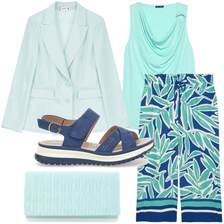 Outfit donna - L\'estate si tinge di acquamarina. Stile Bon Ton per Serata fuori. Abbinamento con blazer, pantaloni a palazzo, sandali, top, pochette.