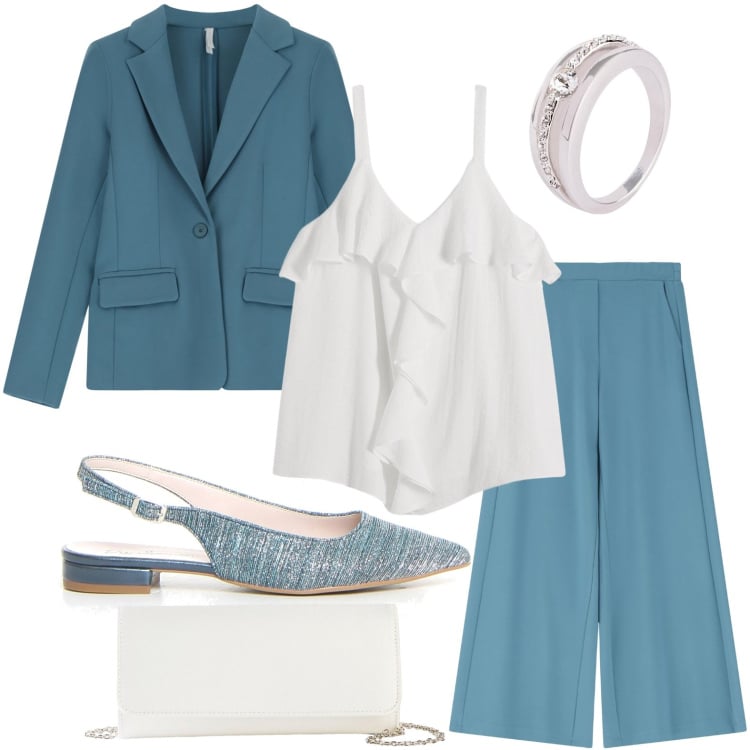 Outfit donna - Cerimonia. Stile Chic per Cerimonia. Abbinamento con top, pochette, anelli, pantaloni, blazer, décolleté.