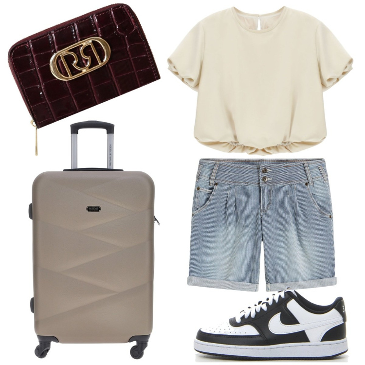 Outfit donna - Arrivare al mare. Stile Casual per Mare. Abbinamento con shorts, portafogli, camicie a manica corta, valigie, sneakers.