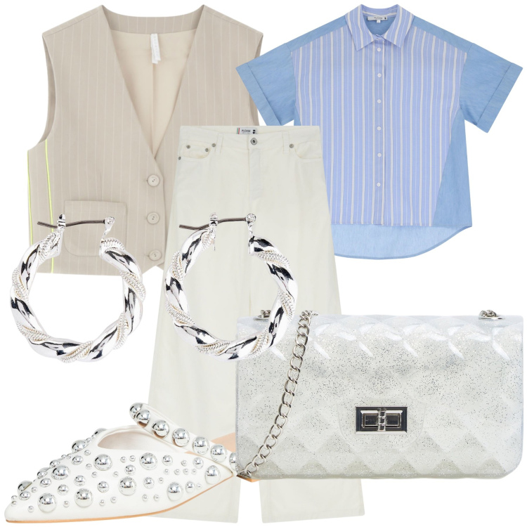 Outfit donna - Total look pour la rentree’. Stile Urban per Ufficio. Abbinamento con orecchini, ballerine, borse a tracolla, camicie a manica corta, pantaloni a palazzo, gilet.