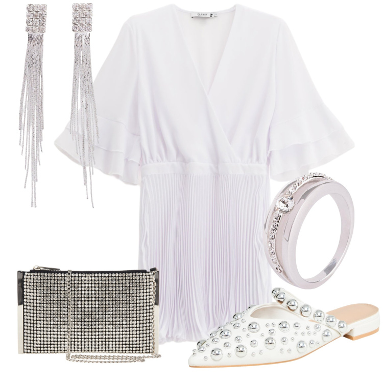 Outfit donna - Un brillante bianco. Stile Glamour per Serata fuori. Abbinamento con orecchini, anelli, ballerine, pochette, vestiti corti.
