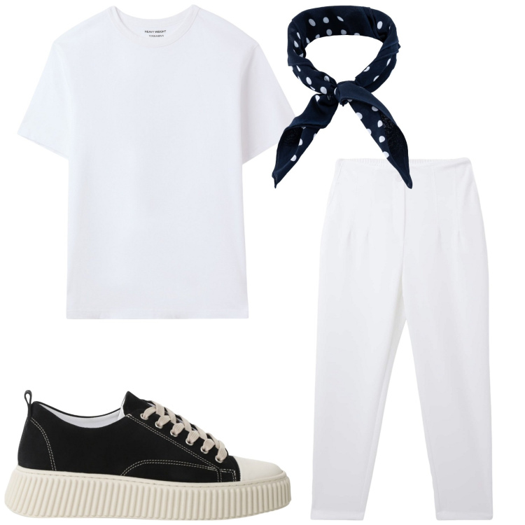 Outfit uomo - Bianco e blu. Stile Casual per Tutti i giorni. Abbinamento con pantaloni chino, t-shirt, sneakers, sciarpe e foulard.