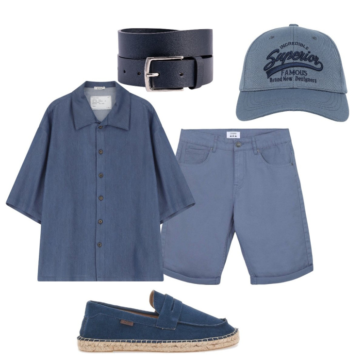 Outfit uomo - Tonalità azzurro polvere. Stile Casual per Tutti i giorni. Abbinamento con cappelli con visiera, bermuda, camicie a manica corta, cinture, espadrillas.