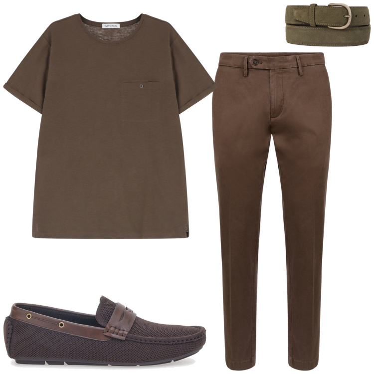 Outfit uomo - Mocha mousse. Stile Urban per Ufficio. Abbinamento con t-shirt, scarpe stringate, pantaloni chino, cinture.