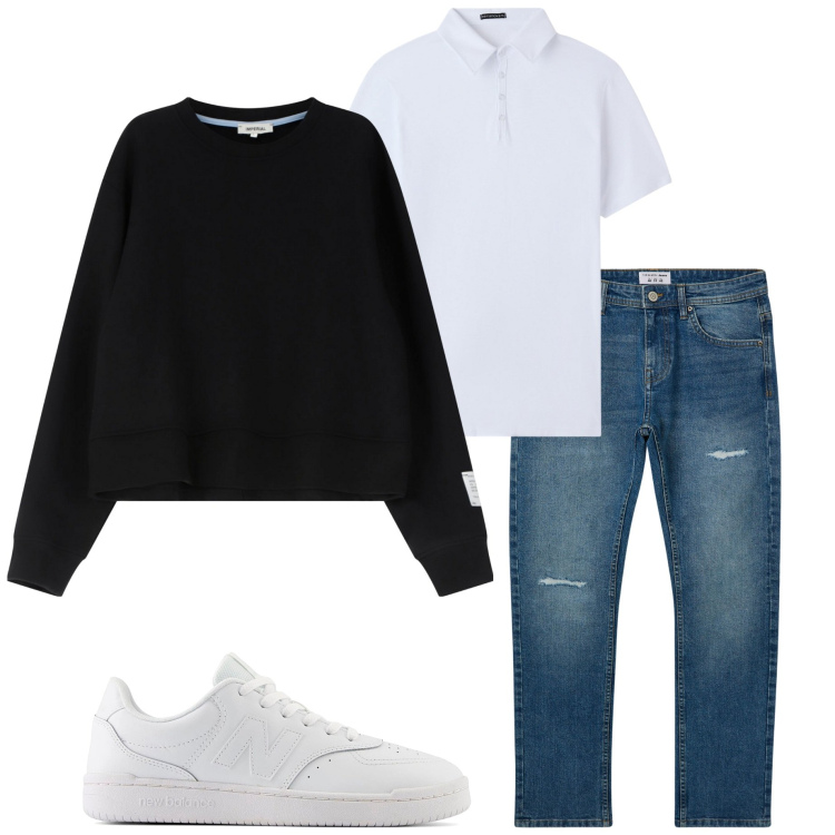 Outfit uomo - In città. Stile Casual per Ufficio. Abbinamento con polo, jeans strappati, felpe, sneakers.