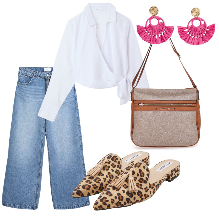 Outfit donna - Agosto al tramonto. per Mare. Abbinamento con orecchini, camicie, sabot, jeans, borse a tracolla.