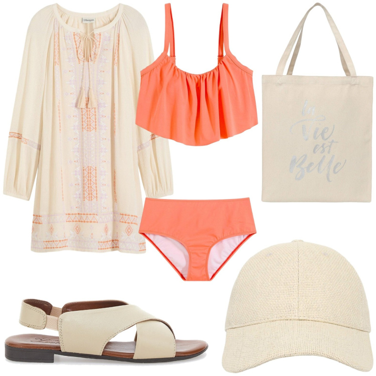 Outfit donna - Total look #2228992. Stile Chic per Mare. Abbinamento con bikini, vestiti corti, cappelli con visiera, borse tote, sandali.