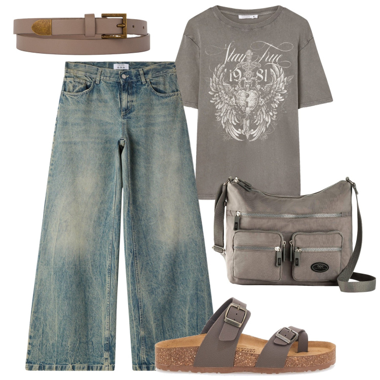 Outfit donna - City time. Stile Casual per Tutti i giorni. Abbinamento con borse a tracolla, jeans, t-shirt, ciabatte, cinture.