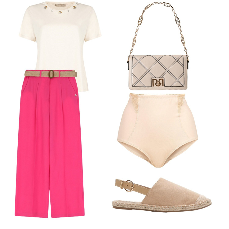 Outfit donna - Un tocco di colore. Stile Casual per Tutti i giorni. Abbinamento con culotte, espadrillas, borse a tracolla, t-shirt, pantaloni.