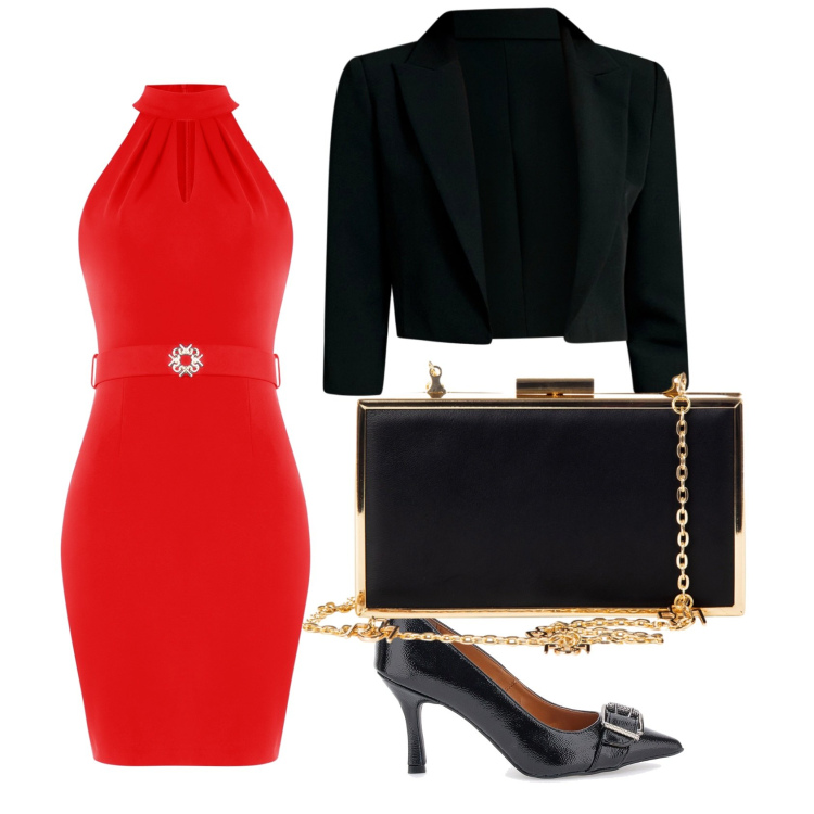 Outfit donna - Rosso e nero. Stile Bon Ton per Serata fuori. Abbinamento con pochette, bolero, vestiti lunghi, décolleté.