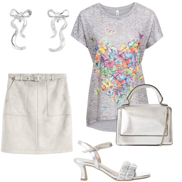 Outfit donna - Ferragosto. Stile Boho per Serata fuori. Abbinamento con t-shirt, gonne, orecchini, borse a tracolla, sandali col tacco.