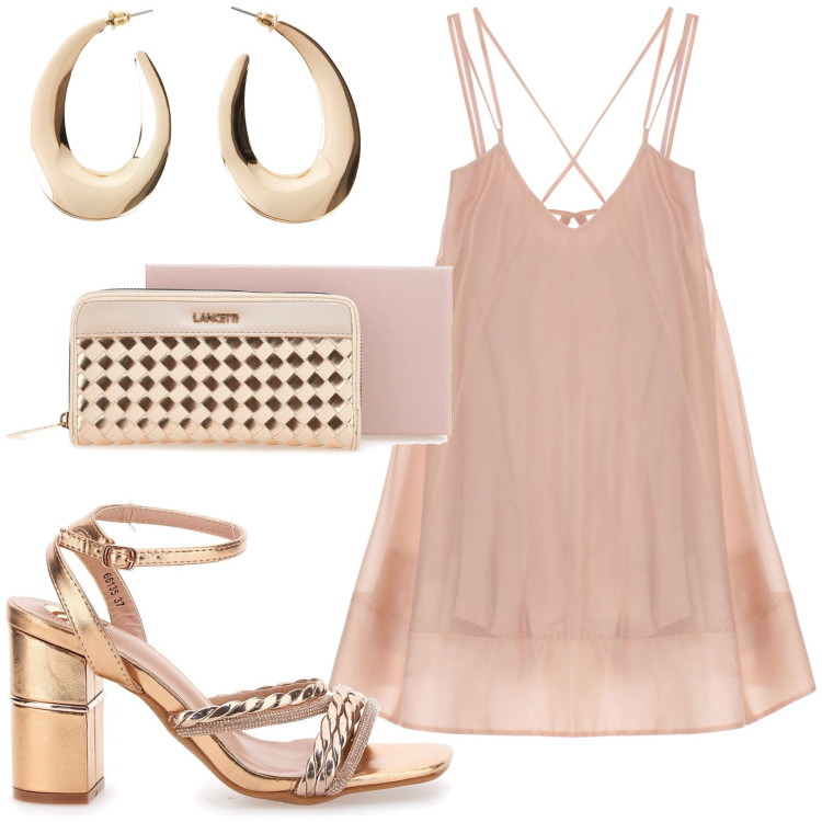 Outfit donna - Oro rosa. Stile Chic per Serata fuori. Abbinamento con orecchini, vestiti corti, sandali col tacco, portafogli.