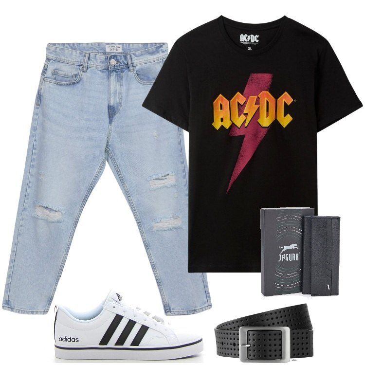 Outfit uomo - Ferragosto. Stile Biker Rock per Serata speciale. Abbinamento con cinture, t-shirt, jeans strappati, portachiavi, sneakers.