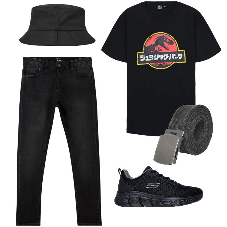 Outfit uomo - Ferragosto. Stile Trendy per Serata speciale. Abbinamento con jeans skinny, cappelli, t-shirt, cinture, sneakers.