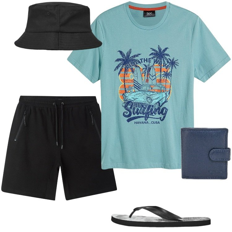 Outfit uomo - Ferragosto. Stile Trendy per Mare. Abbinamento con t-shirt, cappelli, bermuda, sandali, portafogli.