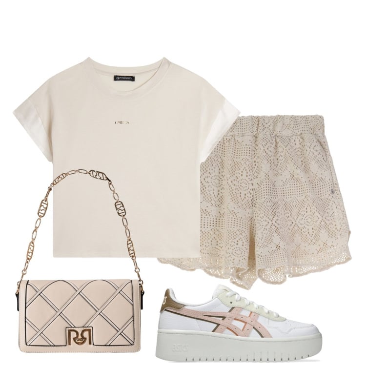 Outfit donna - Serata con le amiche. Stile Boho per Serata fuori. Abbinamento con borse a tracolla, shorts, t-shirt, sneakers.