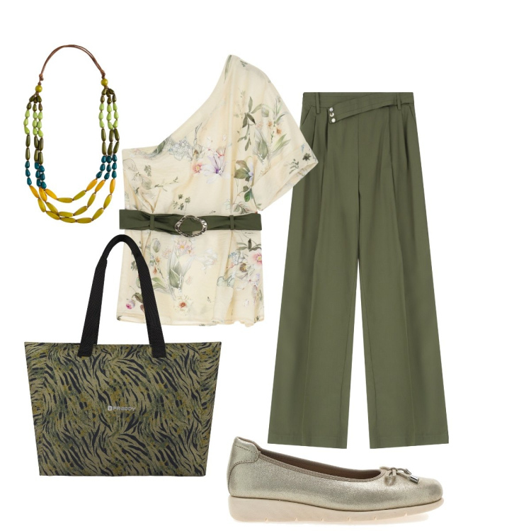 Outfit donna - Total look #2229029. Stile Chic per Tutti i giorni. Abbinamento con top, pantaloni, shopping bag, ballerine, collane.
