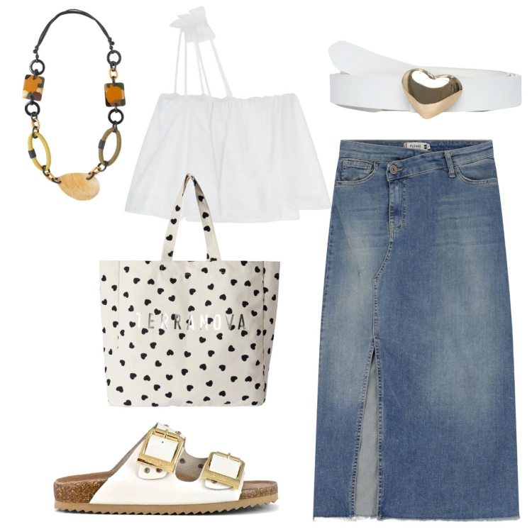 Outfit donna - Coi cuori. Stile Boho per Tutti i giorni. Abbinamento con cinture, borse tote, gonne longuette, top, sandali, collane.