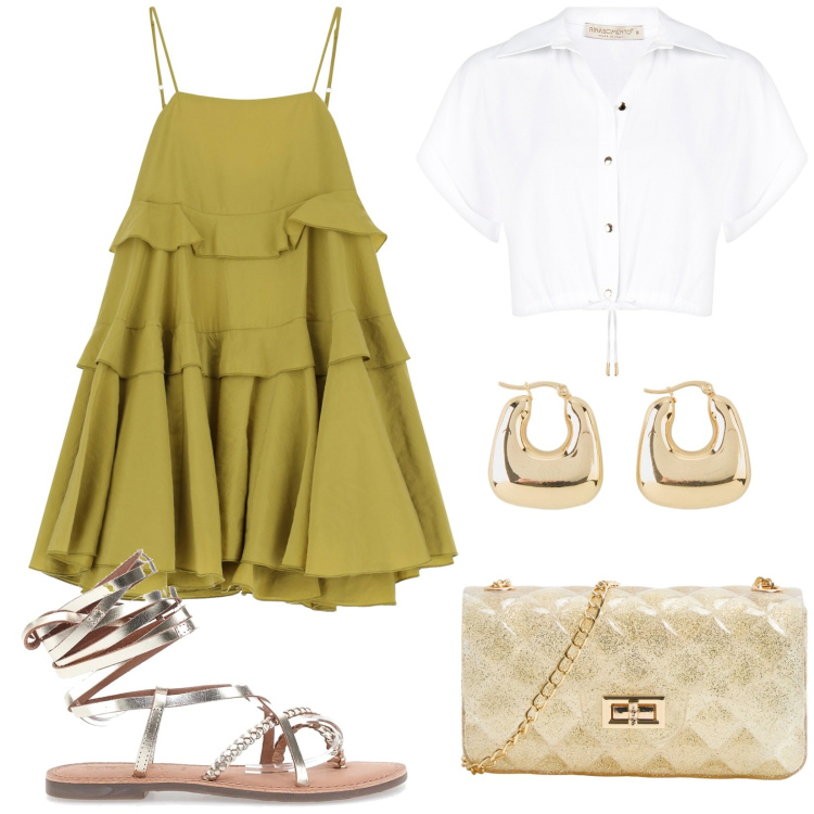 Outfit donna - Festa in spiaggia. Stile Glamour per Serata fuori. Abbinamento con orecchini, borse a tracolla, camicie a manica corta, vestiti corti, sandali alla schiava.