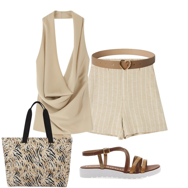 Outfit donna - Giornata d’agosto. Stile Sexy per Serata fuori. Abbinamento con bermuda, cinture, top, shopping bag, sandali alla schiava.
