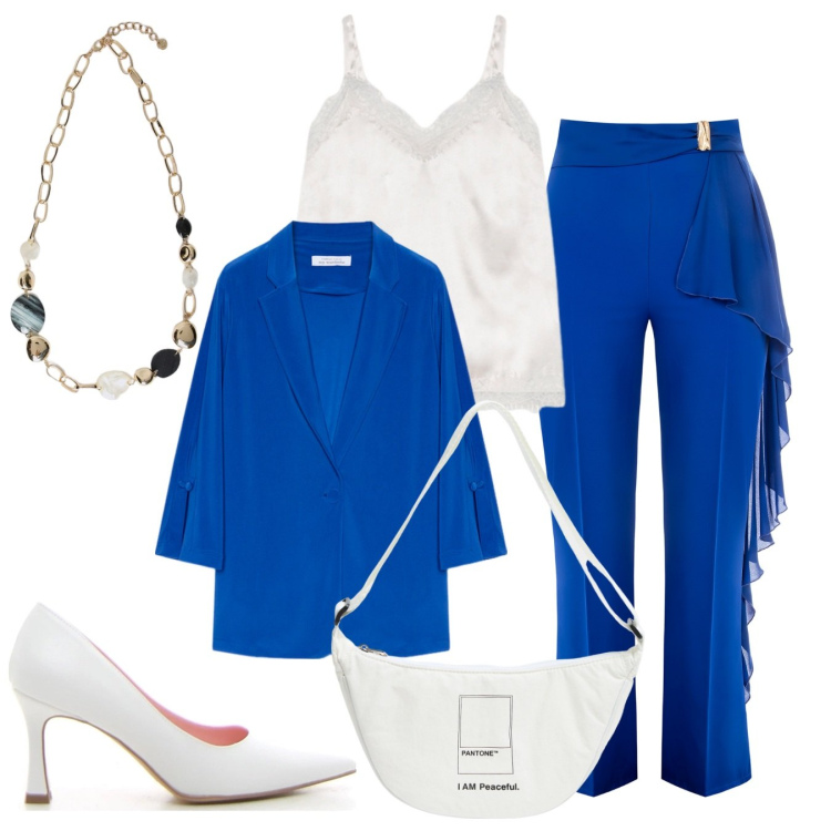 Outfit donna - Colori intensi. Stile Chic per Cerimonia. Abbinamento con marsupi, pantaloni, blazer, collane, canottiere, décolleté.