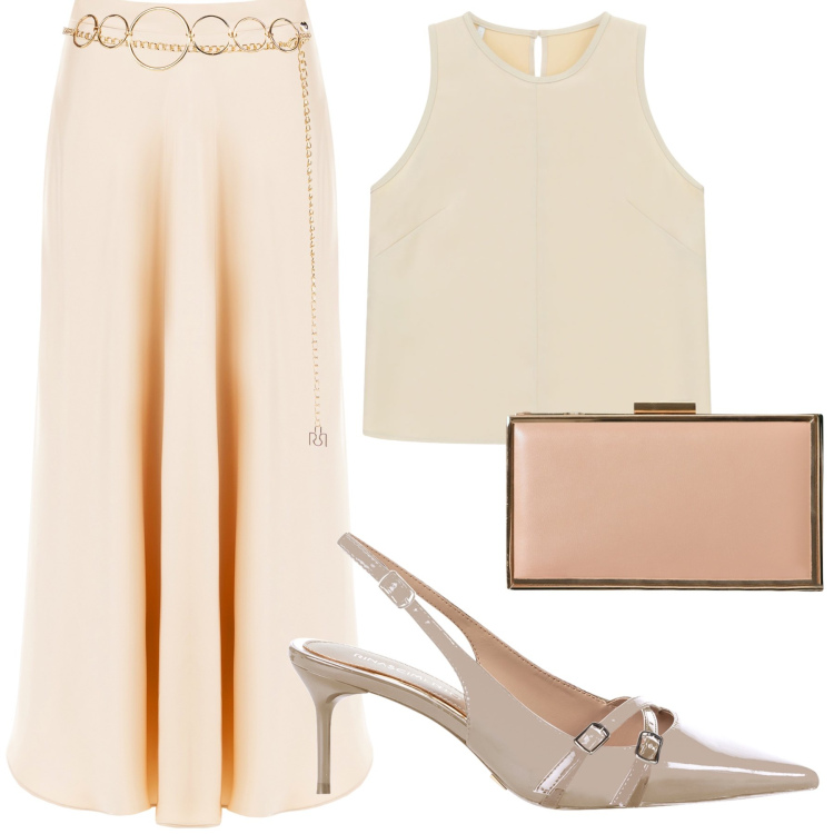 Outfit donna - Eleganza semplice. Stile Chic per Serata fuori. Abbinamento con cinture, décolleté, pochette, gonne, top.