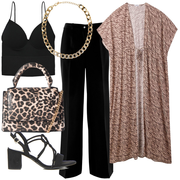 Outfit donna - Caftano animalier. Stile Sexy per Serata fuori. Abbinamento con pantaloni, borse a tracolla, caftani, top, collane, sandali col tacco.