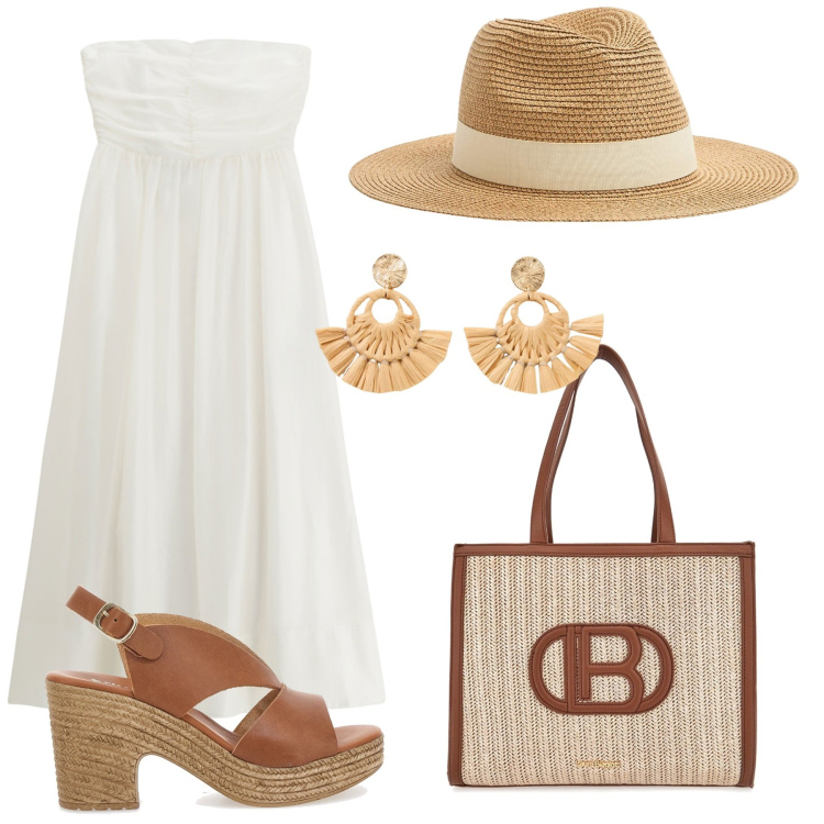 Outfit donna - Passeggiata sulla spiaggia. Stile Casual per Mare. Abbinamento con orecchini, cappelli, vestiti senza maniche, borse a spalla, sandali in pelle.