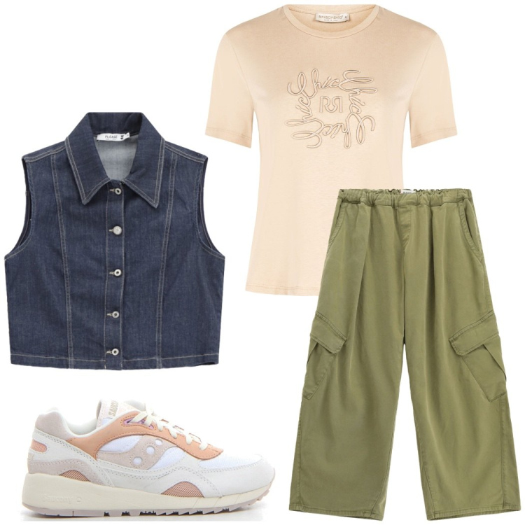 Outfit donna - Urban style. Stile Casual per Tutti i giorni. Abbinamento con t-shirt, pantaloni cargo, gilet, sneakers.