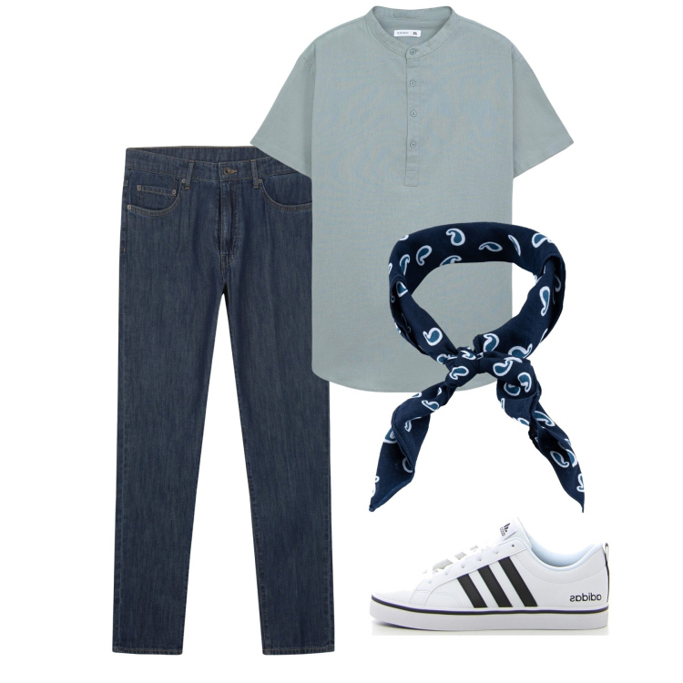 Outfit uomo - Agosto. Stile Casual per Tutti i giorni. Abbinamento con camicie a manica corta, sciarpe e foulard, jeans, sneakers.