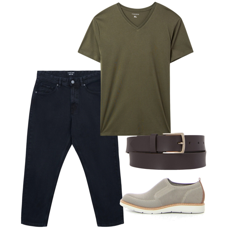 Outfit uomo - Agosto. Stile Casual per Tutti i giorni. Abbinamento con jeans dritti, t-shirt, cinture, scarpe stringate.