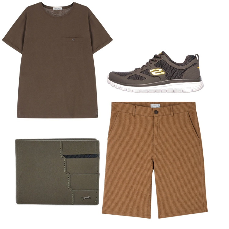 Outfit uomo - City. Stile Casual per Tutti i giorni. Abbinamento con bermuda, t-shirt, portafogli, sneakers.