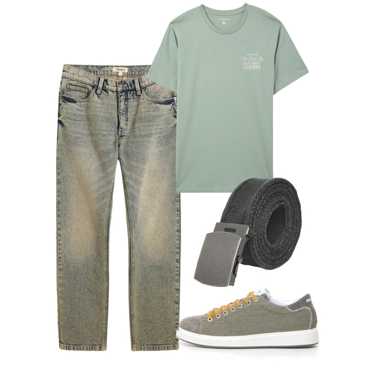 Outfit uomo - Agosto. Stile Casual per Tutti i giorni. Abbinamento con jeans dritti, t-shirt, cinture, sneakers.