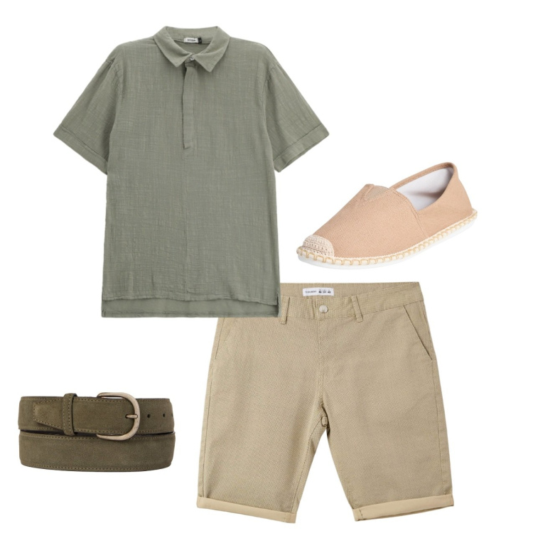 Outfit uomo - Total look. Stile Casual per Tutti i giorni. Abbinamento con espadrillas, pantaloni corti, polo, cinture.