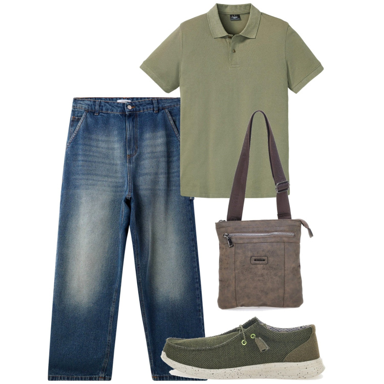 Outfit uomo - Agosto. Stile Casual per Tutti i giorni. Abbinamento con polo, jeans, portafogli, scarpe stringate.