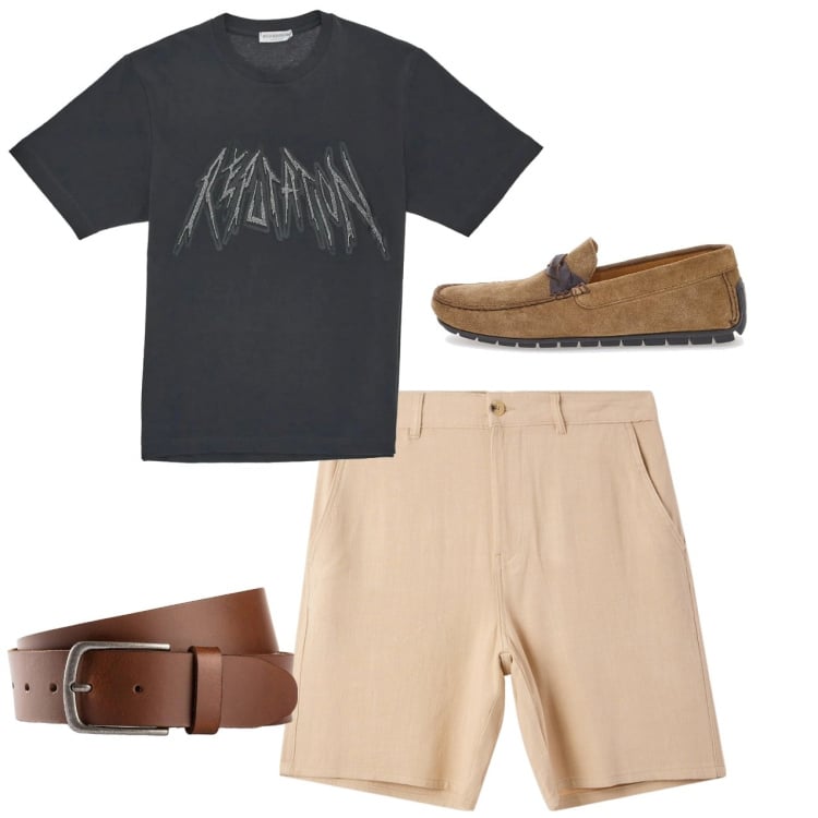 Outfit uomo - Total look. Stile Casual per Tutti i giorni. Abbinamento con cinture, pantaloni corti, t-shirt, scarpe stringate.
